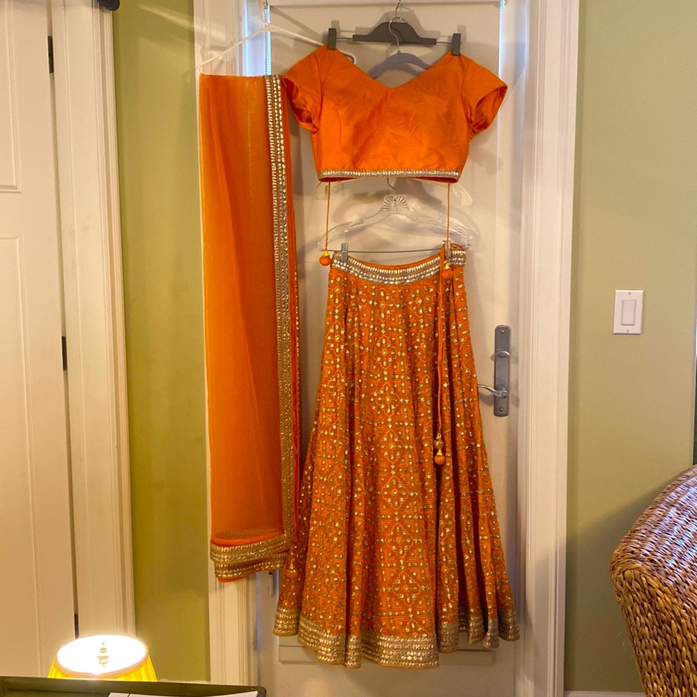 Lehenga; size 6; color - orange; includes top, skirt and dupatta